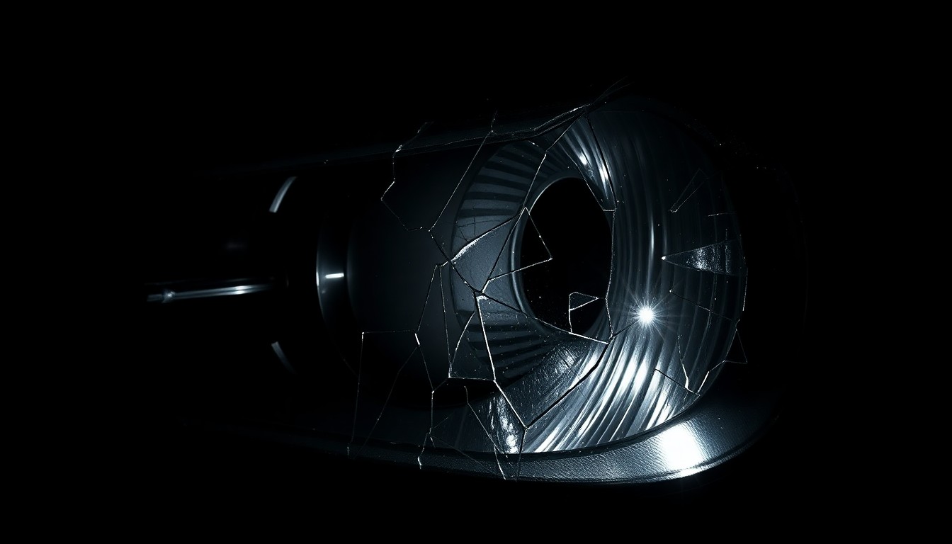 An extreme close-up photograph of a cracked and damaged vehicle headlight lens, conceptually illustrating the aftermath of a fatal pedestrian collision.