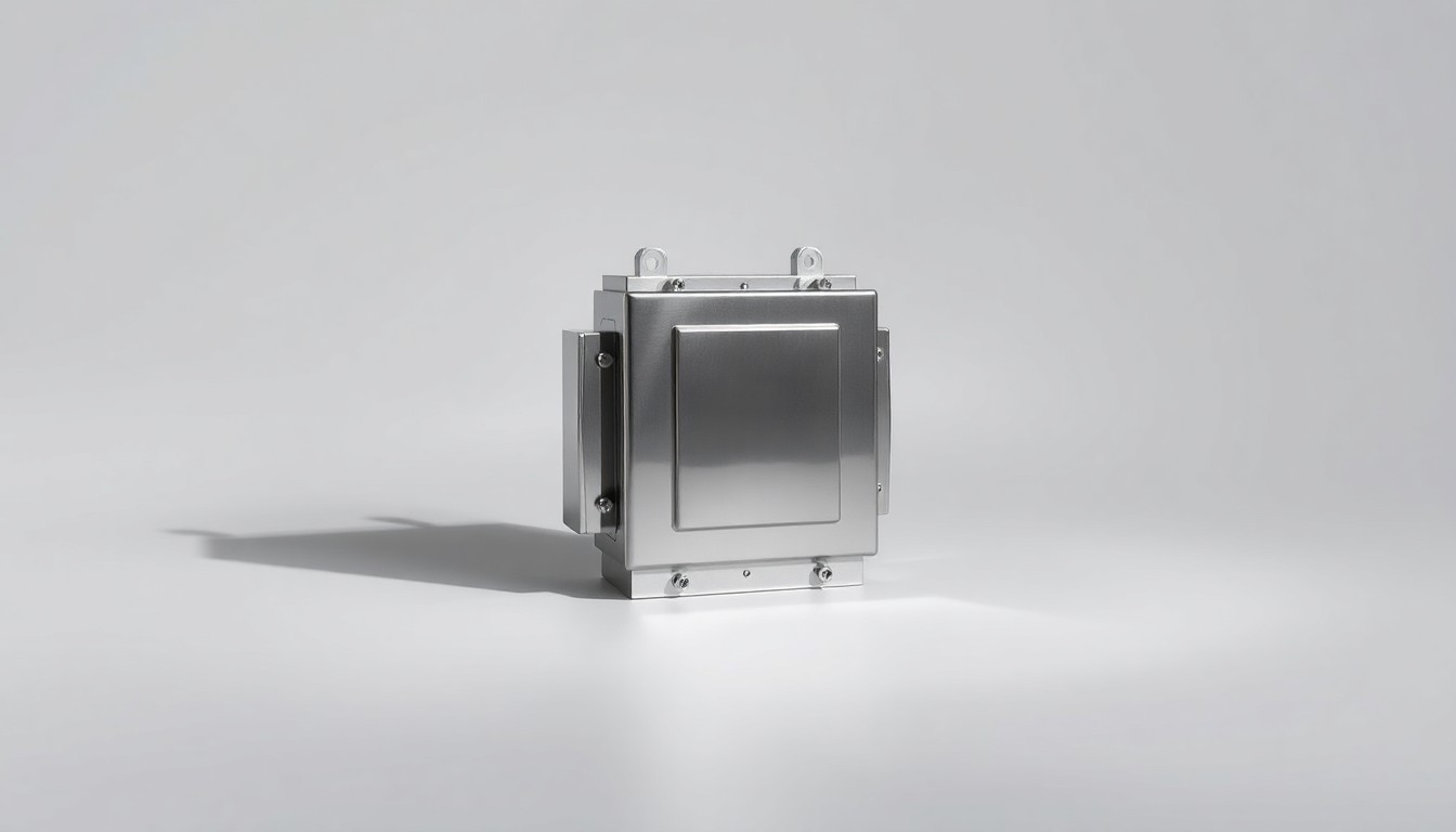 A high-end, photorealistic studio still-life photograph featuring a polished, geometric metal electrical transformer or distribution box resting on a clean, monochromatic background and dramatically lit to represent the abstract concept of municipal electrical infrastructure.