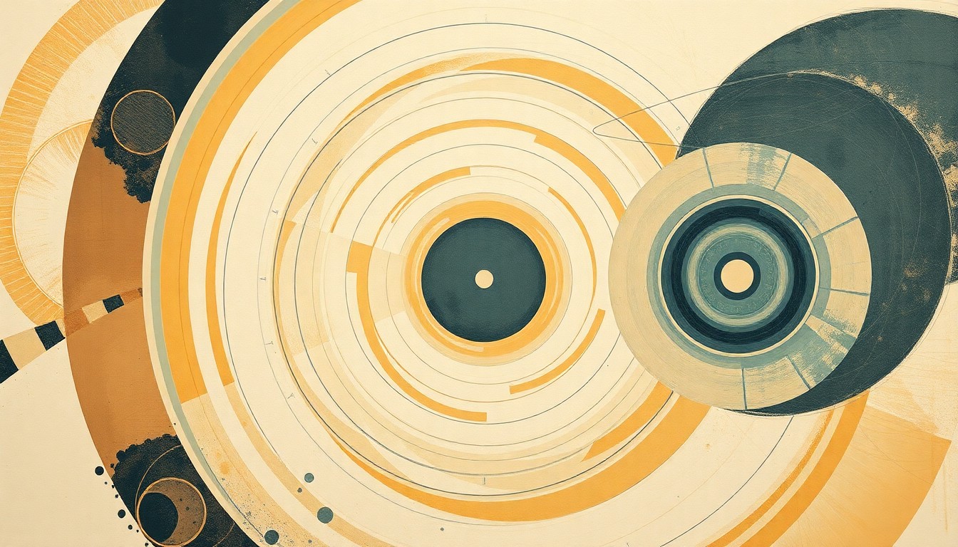 A bold, abstract painting featuring sweeping geometric arcs, concentric circles, and precise spirals in earthy tones, conceptually representing the complex forces and concepts of space exploration.