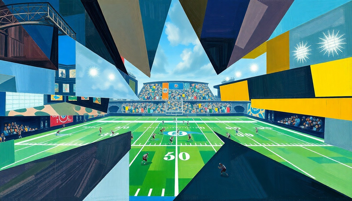A cubist, geometric painting depicting fragmented, overlapping shapes and planes in shades of blue, green, and orange, conceptually representing the complex and multifaceted nature of the NFL draft process.