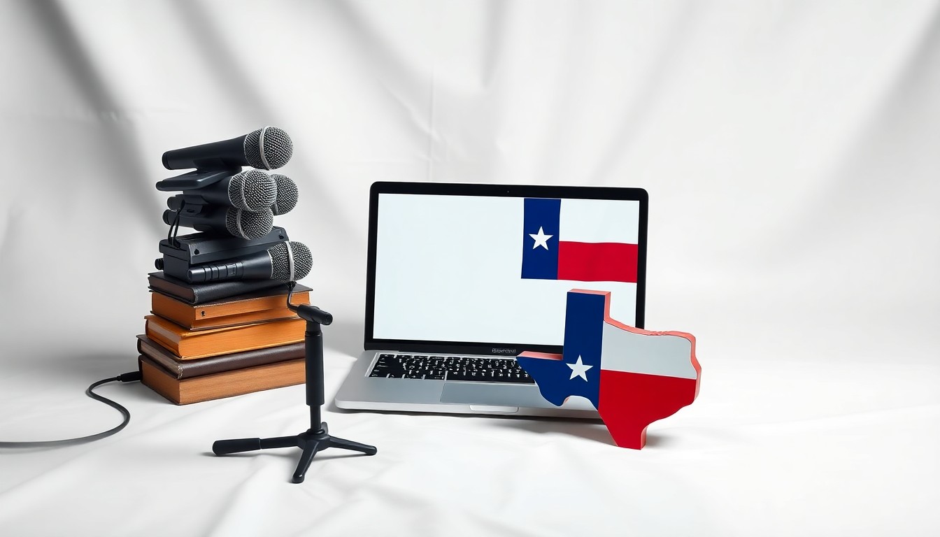 A photorealistic studio still life featuring a stack of microphones, a laptop, and a Texas-shaped paperweight arranged on a clean white background, conceptually representing the power of storytelling and civic engagement to drive innovation across the Lone Star State.