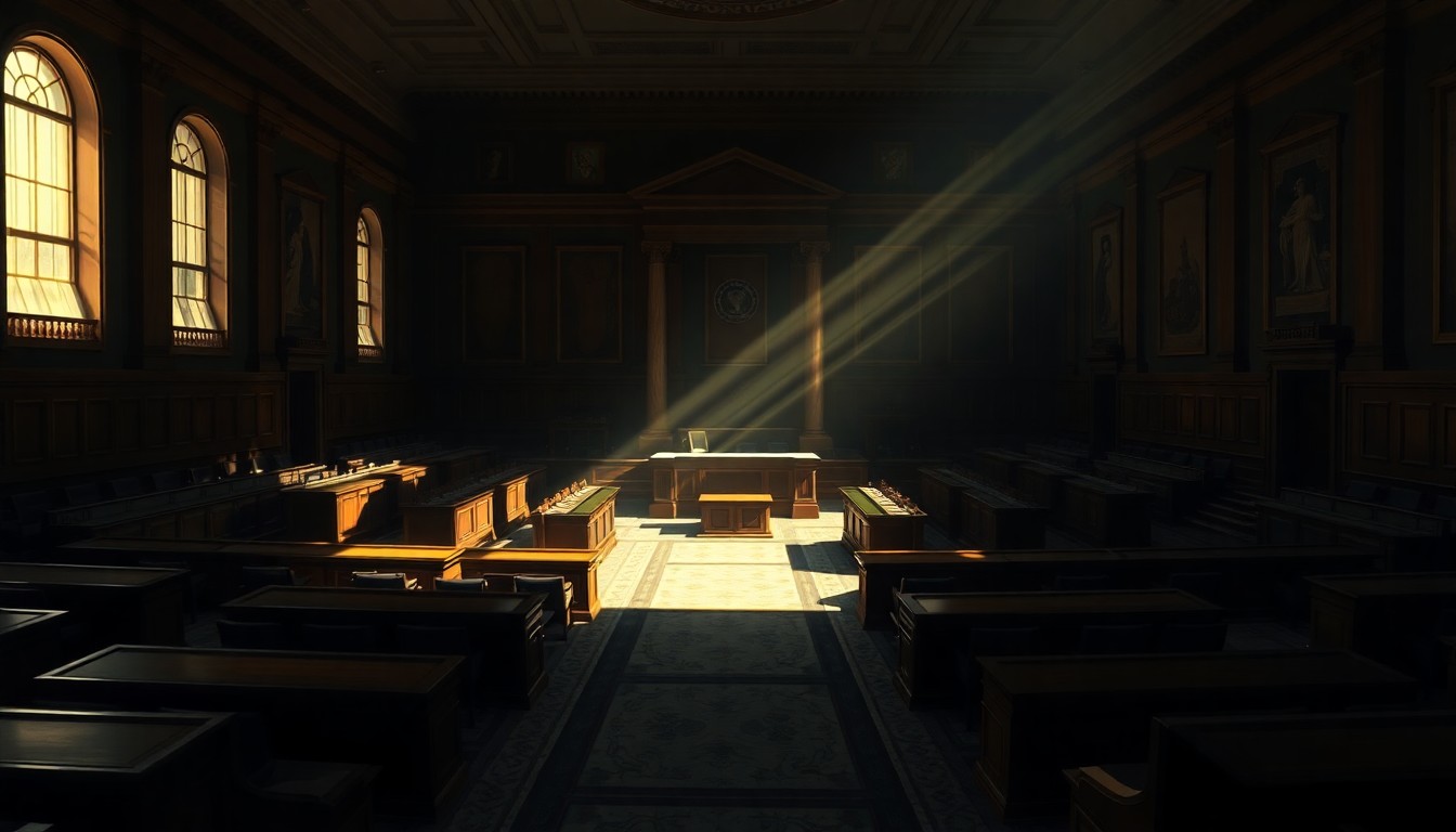 A quiet, cinematic painting of an empty Senate chamber, with warm diagonal sunlight casting deep shadows across the ornate wooden desks and marble floors, creating a contemplative and melancholy mood that reflects the political tensions within.