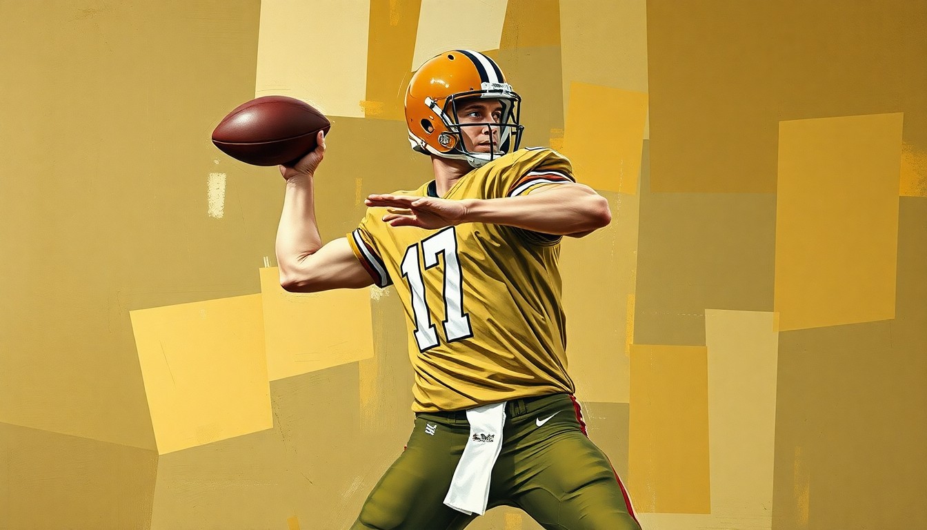 A cubist-style painting depicting a quarterback's throwing motion broken down into fragmented, geometric shapes in muted earth tones, conveying the maturity and versatility Beck has developed through his college career.