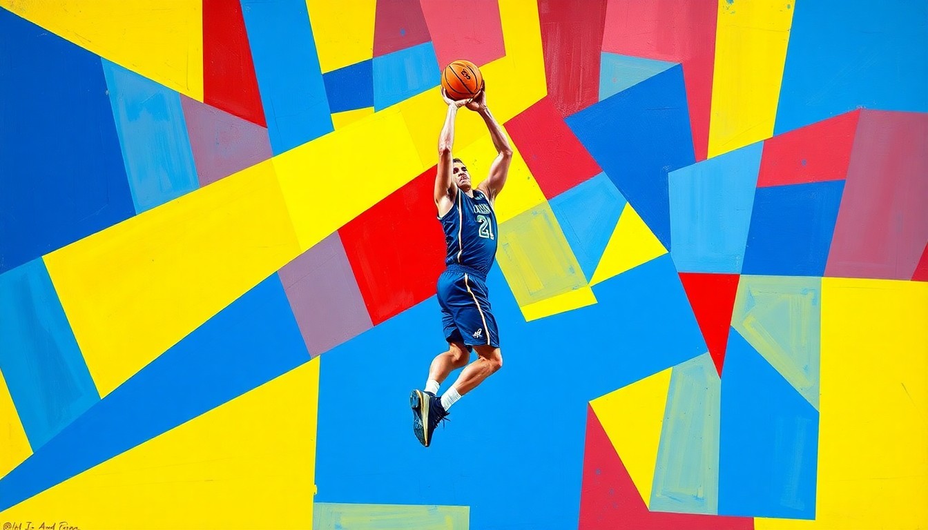 A fragmented, geometric painting depicting the abstract forms and angles of a basketball player in motion, conveying the dynamic energy of a high-profile transfer to the Penn State men's basketball team.