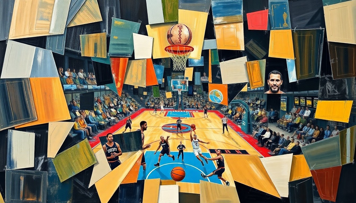 A cubist, geometric painting depicting a basketball game or match, with the players and court broken down into sharp, overlapping planes of color and shape, conveying the fractured, multi-perspective nature of the team's history.