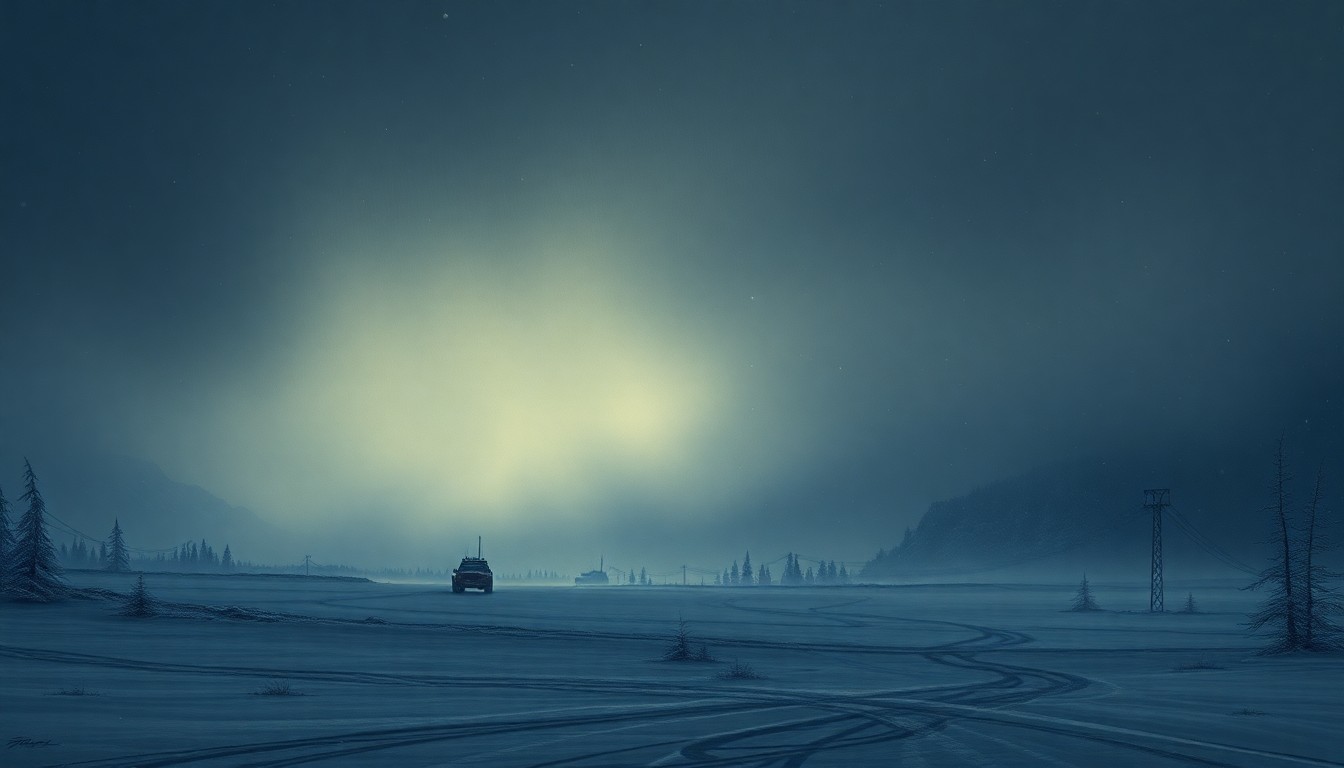A sweeping, atmospheric landscape painting in muted tones of gray, white, and blue, depicting a vast, snowy mountain pass with a highway barely visible beneath the swirling clouds and heavy snowfall, conveying the overwhelming power of the natural environment.