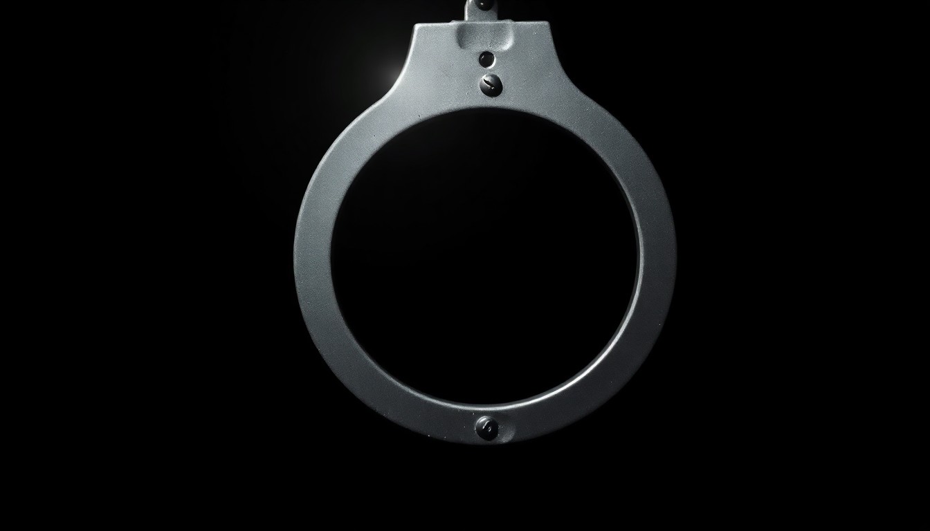 An extreme close-up photograph of a police badge or handcuff, lit by a harsh, direct camera flash against a pitch-black background, creating a stark, gritty, investigative aesthetic.