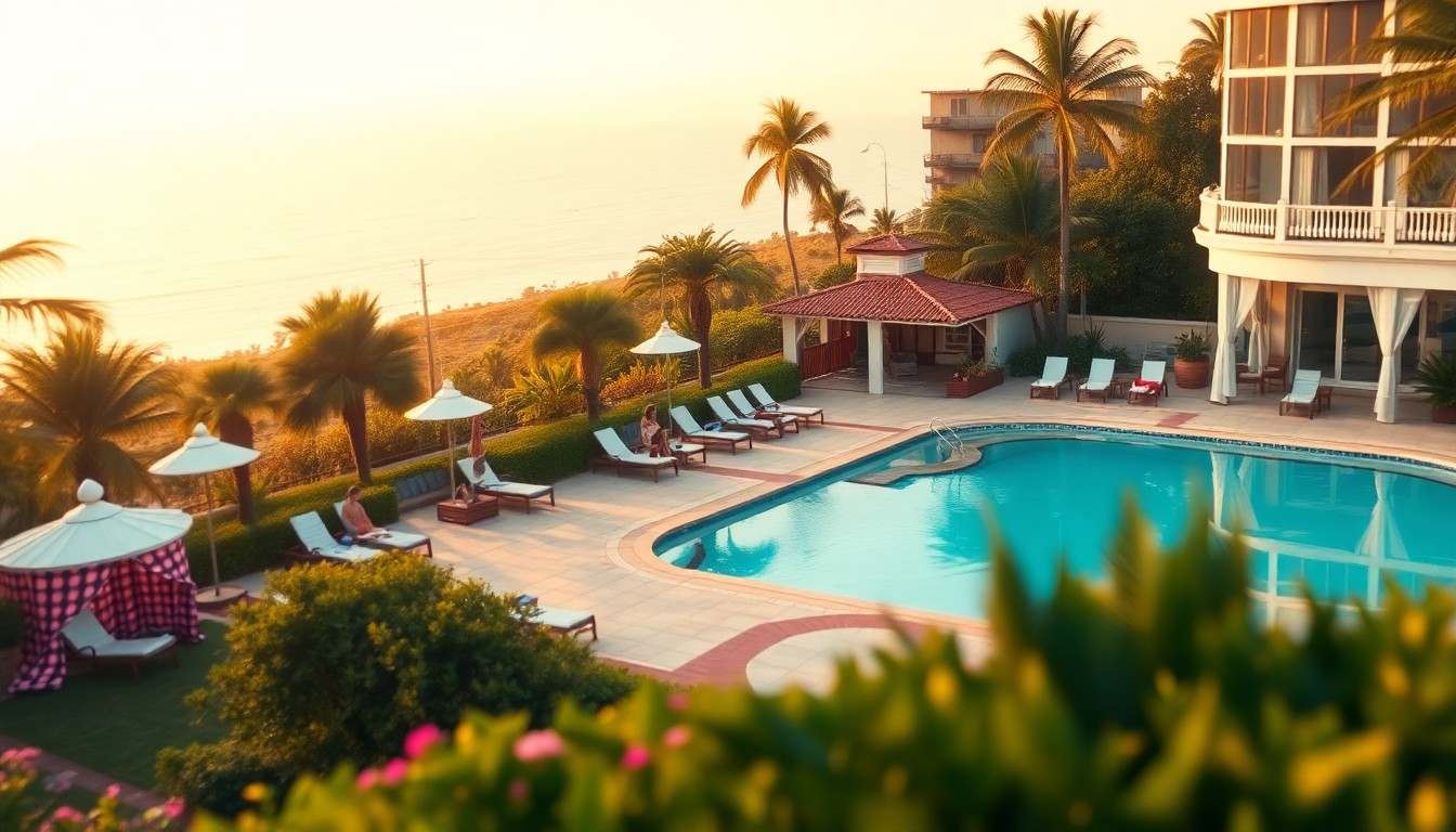 An extremely abstracted, out-of-focus photograph shot through condensation or rain-streaked glass, composed entirely of a lush, landscaped outdoor space with a swimming pool, lounge chairs, and people enjoying the resort-style amenities, all in soft pools of warm color and light.