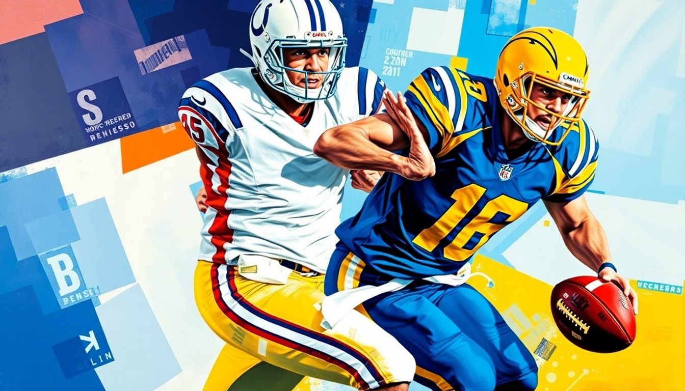 A cubist-style painting featuring overlapping geometric shapes and planes in shades of blue, white, orange, powder blue, gold, and navy, conceptually representing the dynamic movements and multiple perspectives of a football player's actions.
