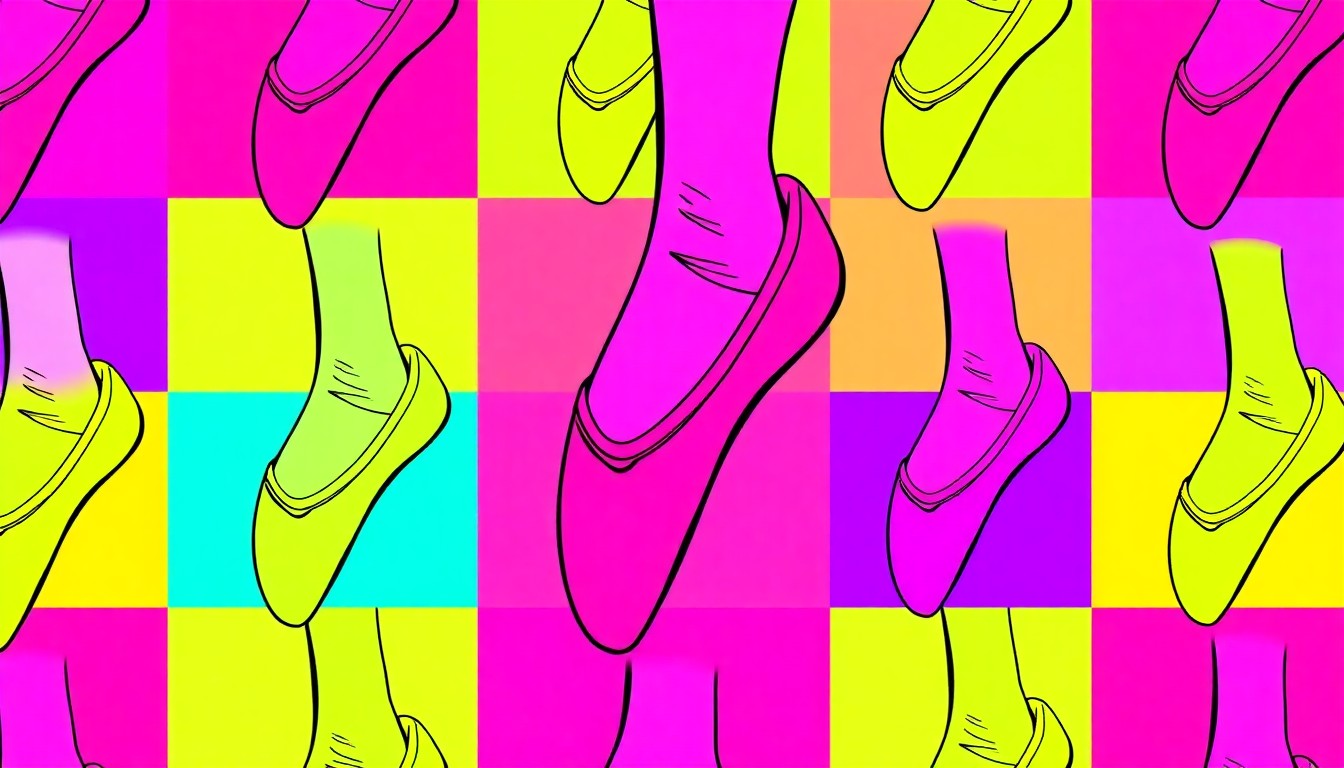 A brightly colored, high-contrast silkscreen print of a ballet slipper repeated in a tight grid pattern, conceptually representing the energy and artistry of a youth dance performance.