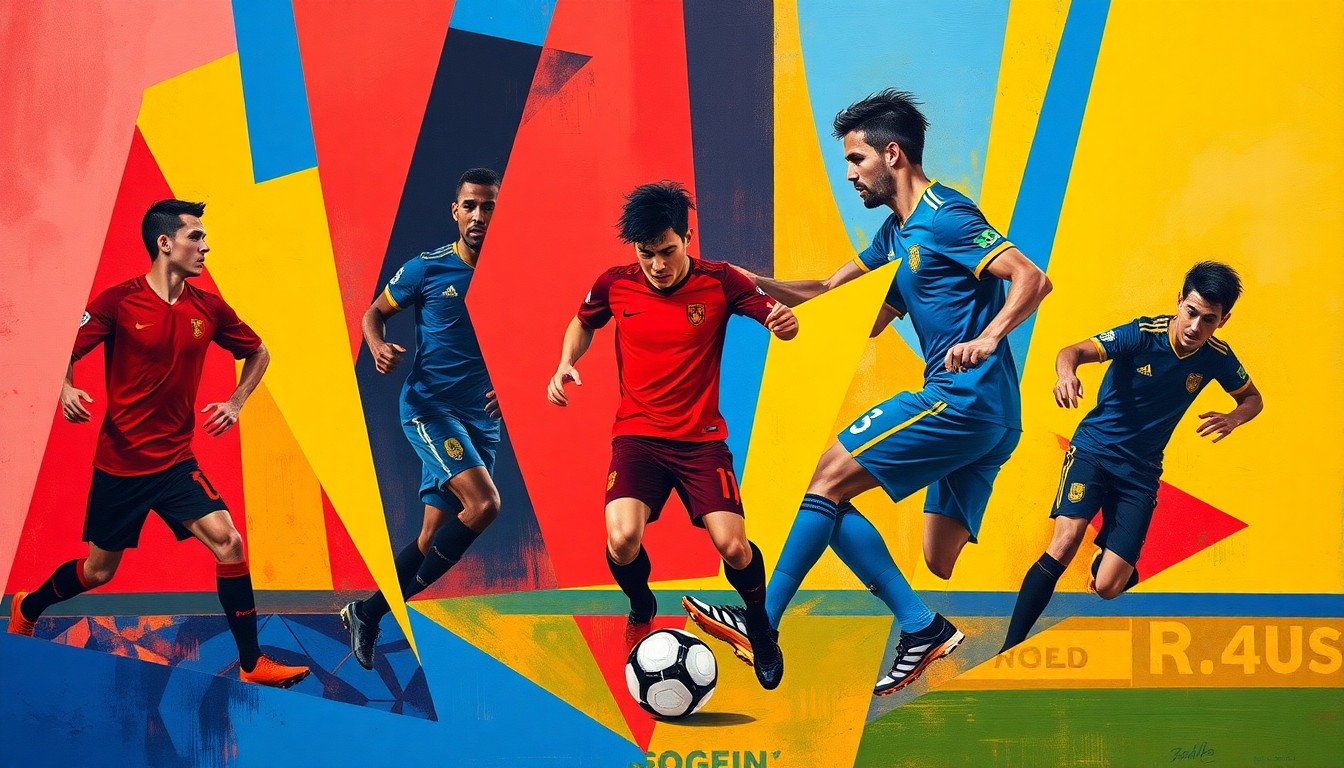 A cubist, geometric painting depicting the dynamic action of a soccer match, with the players' forms abstracted into angular, intersecting shapes in a vibrant color palette, capturing the energy and tension of the Open Cup clash.
