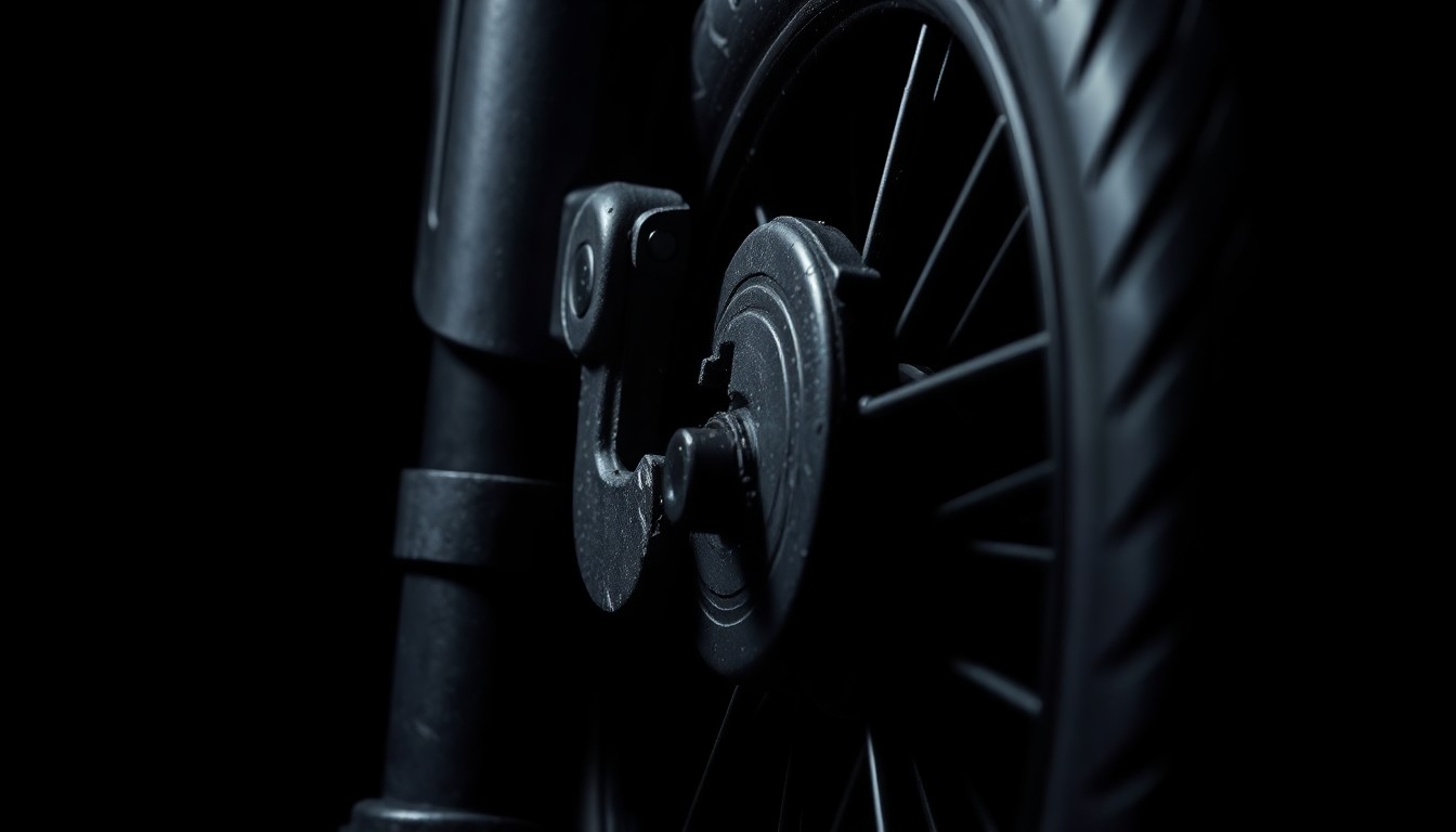 An extreme close-up photograph of a broken electric scooter part, such as a cracked handlebar or wheel, dramatically lit by a harsh, direct flash against a dark background, conceptually representing the dangers faced by e-scooter riders.