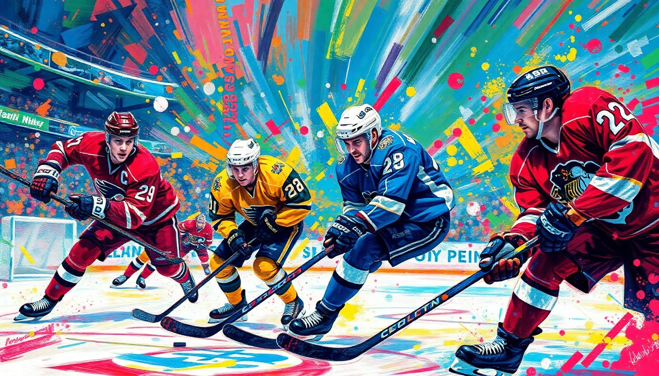 An abstract, expressionist painting featuring vibrant neon brushstrokes and splatters of color that capture the energy and movement of a hockey game, with the players' forms dissolving into the energetic composition.