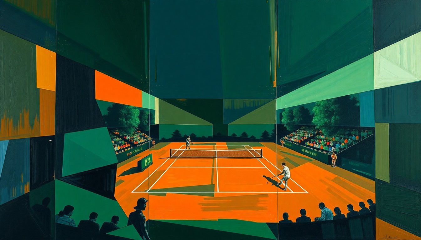 A cubist, geometric painting depicting a college tennis match, with overlapping planes of navy, green, and orange representing the dynamic, multi-faceted nature of the sport.