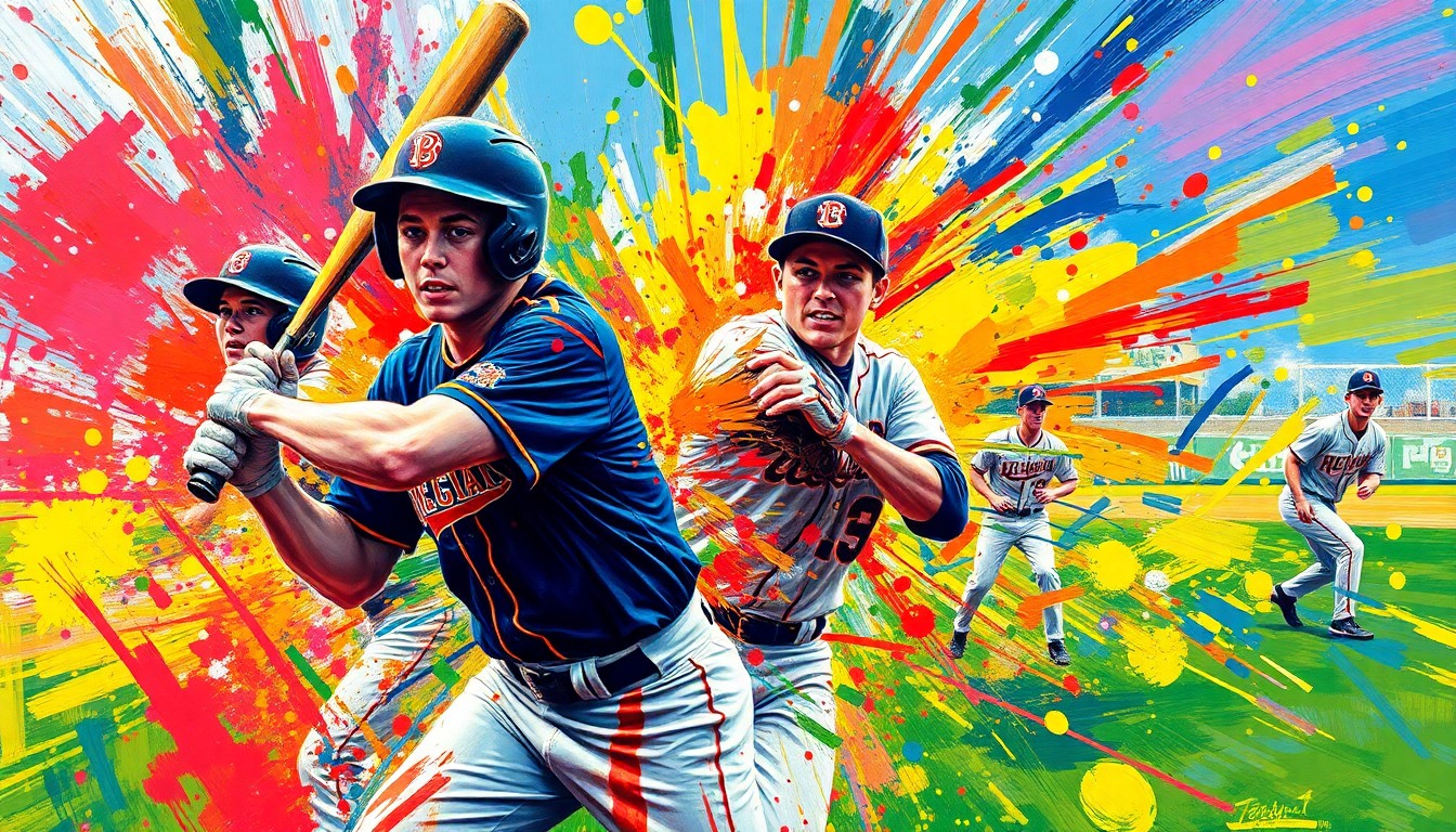 An abstract, expressionist painting in vibrant neon colors capturing the raw energy and motion of a high school baseball game, with players' forms dissolving into unrecognizable brushstrokes.