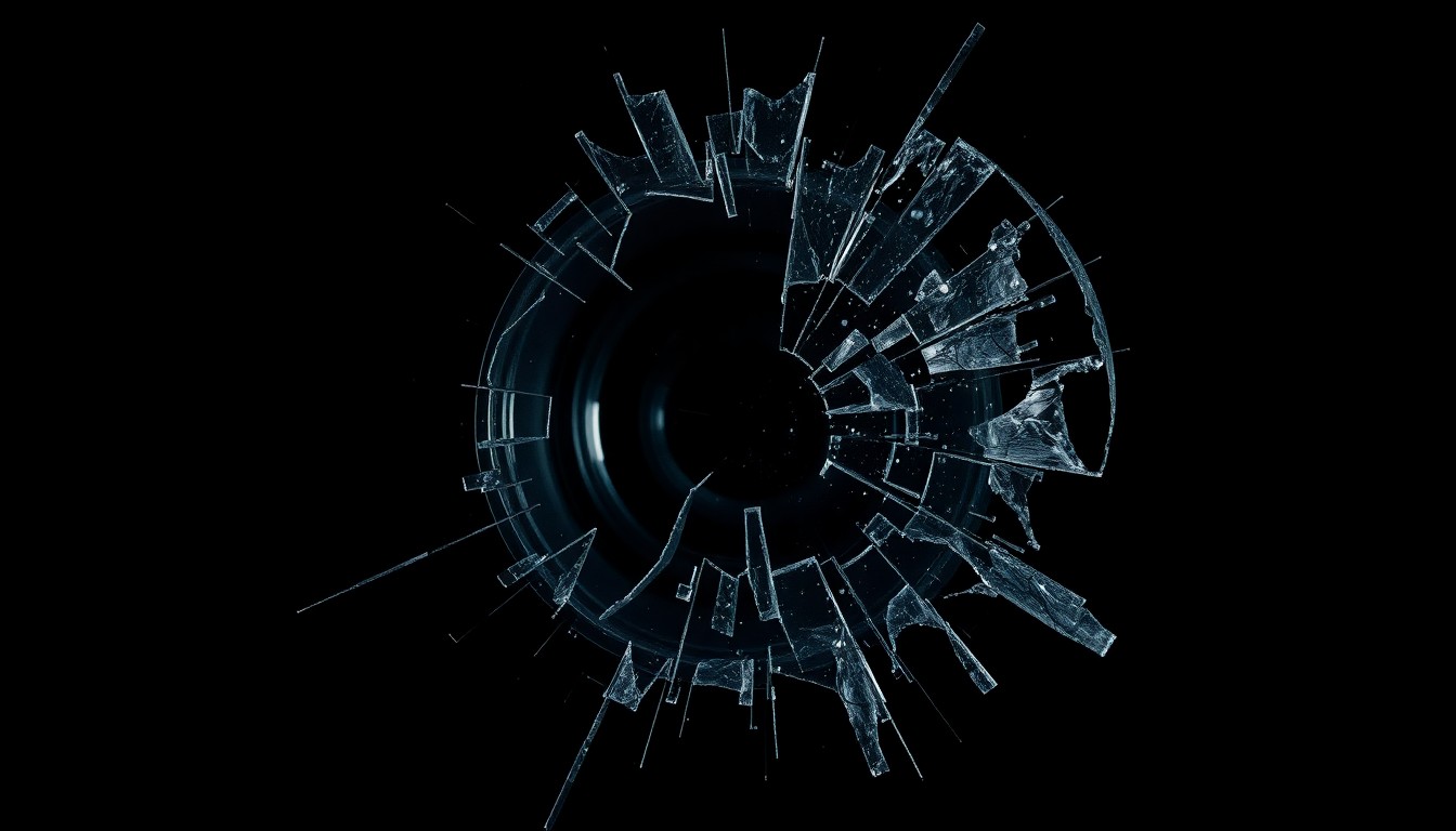 An extreme close-up photograph of a shattered glass lens or broken surveillance camera component, capturing the stark, gritty details and dramatic lighting to conceptually represent the investigation into a hate crime incident.