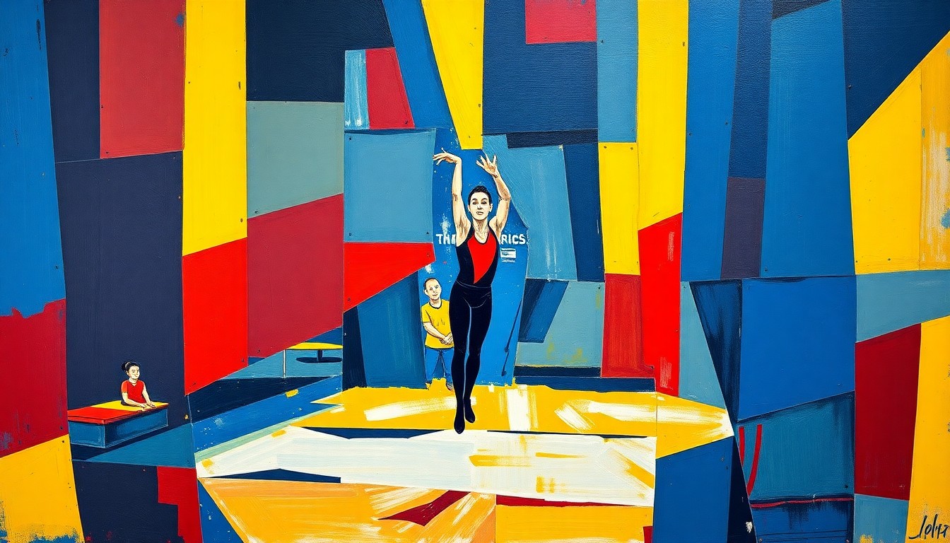 A cubist, geometric painting depicting a fragmented, multi-angled view of a gymnastics competition, with sharp planes of navy blue, crimson red, and bright yellow conveying the dynamic energy of the sport.