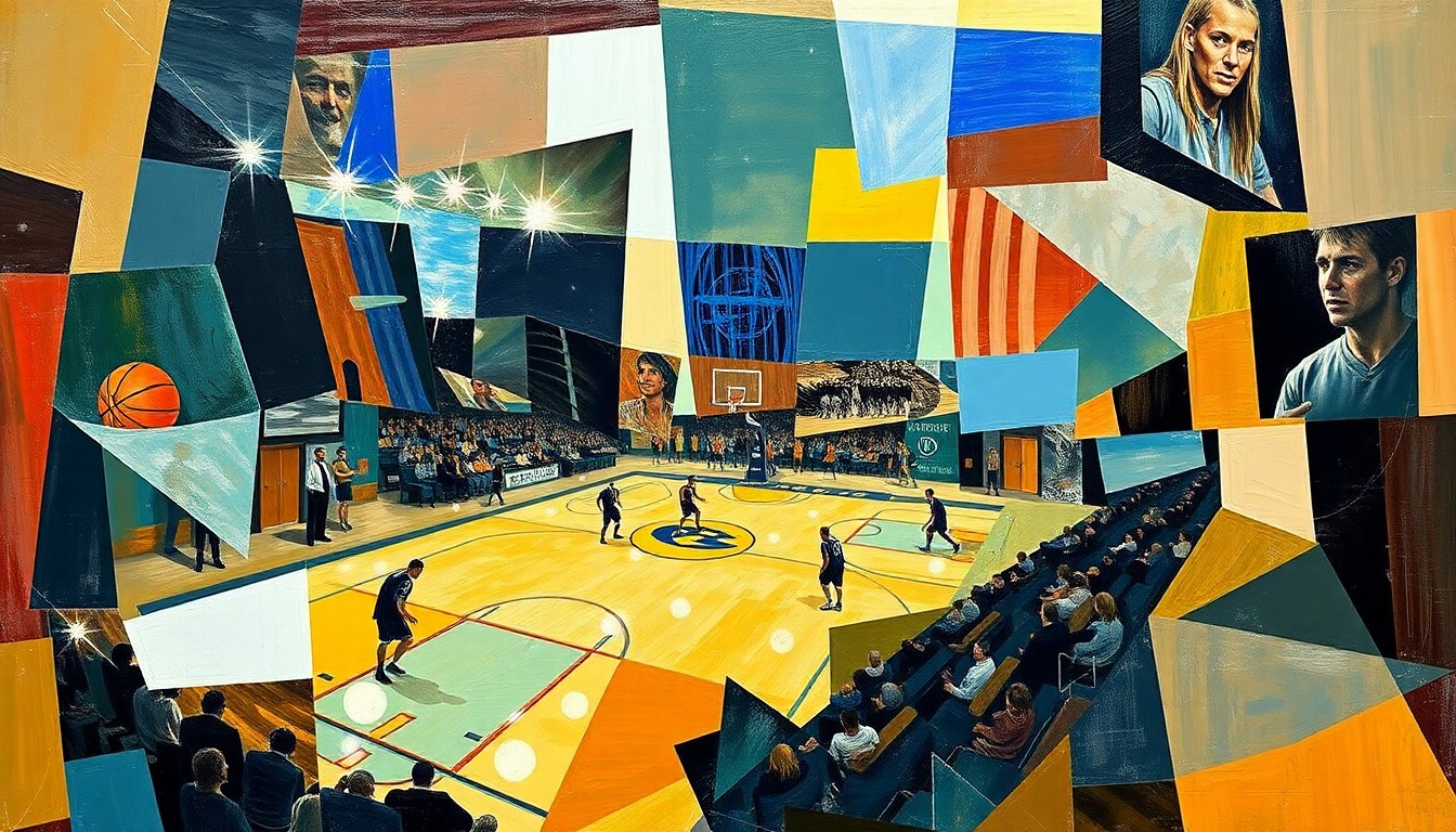 A fragmented, geometric painting depicting a basketball game or match, with sharp, overlapping planes of color and form that deconstruct the action into an abstract, conceptual representation.