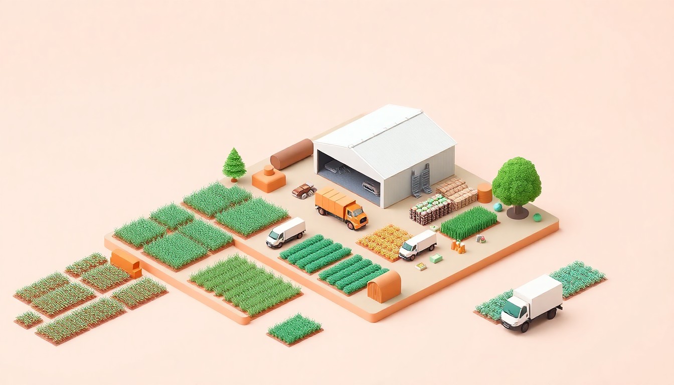 An isometric 3D illustration depicting a stylized farm environment with rows of crops, a distribution warehouse, and various transportation vehicles, representing the interconnected local food system in Alachua County.