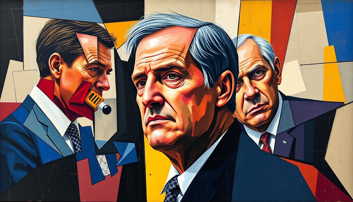 A cubist-style painting featuring sharp, overlapping geometric shapes in muted tones, conceptually representing the complex personal and professional consequences of a college coaching scandal.