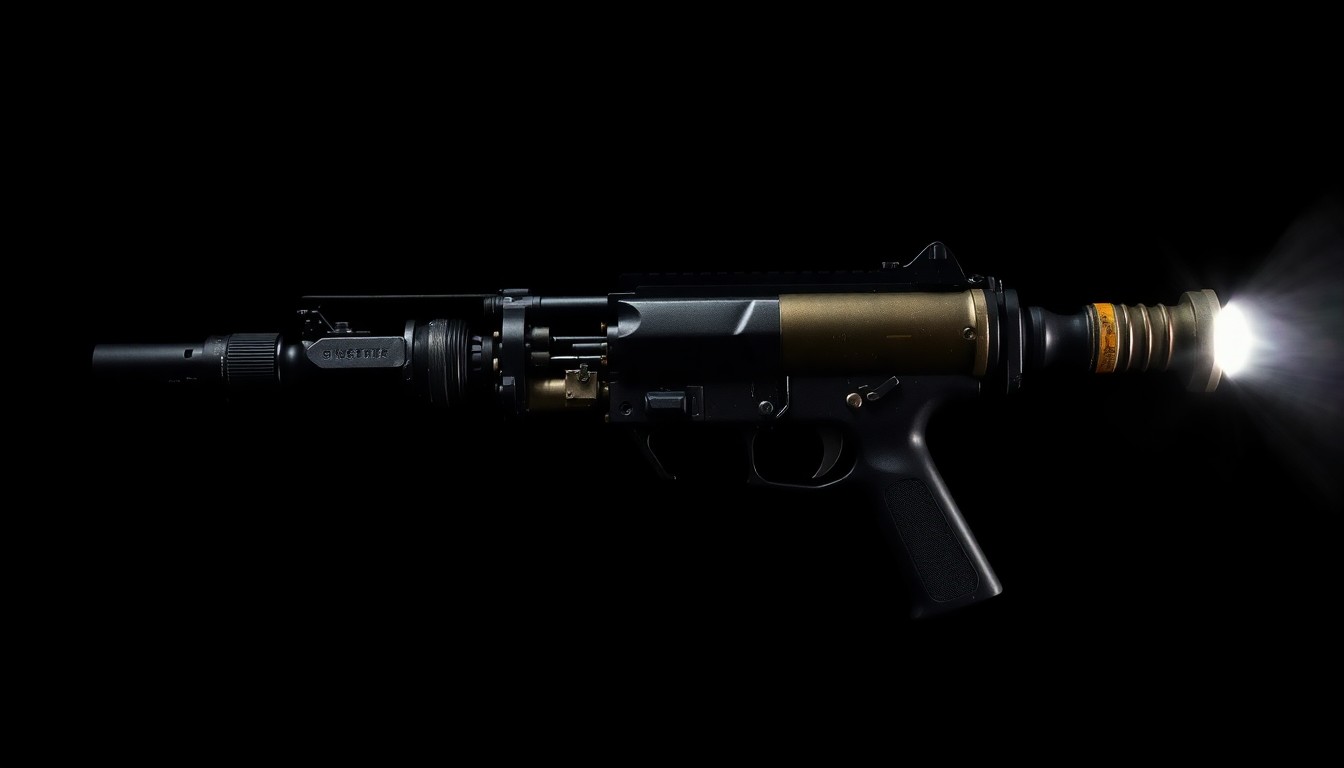 An extreme close-up photograph of the disassembled components of an AR-style rifle without a serial number, lit by a harsh, direct camera flash against a pitch-black background, conceptually illustrating the threat of unregistered 'ghost guns' linked to drug trafficking.