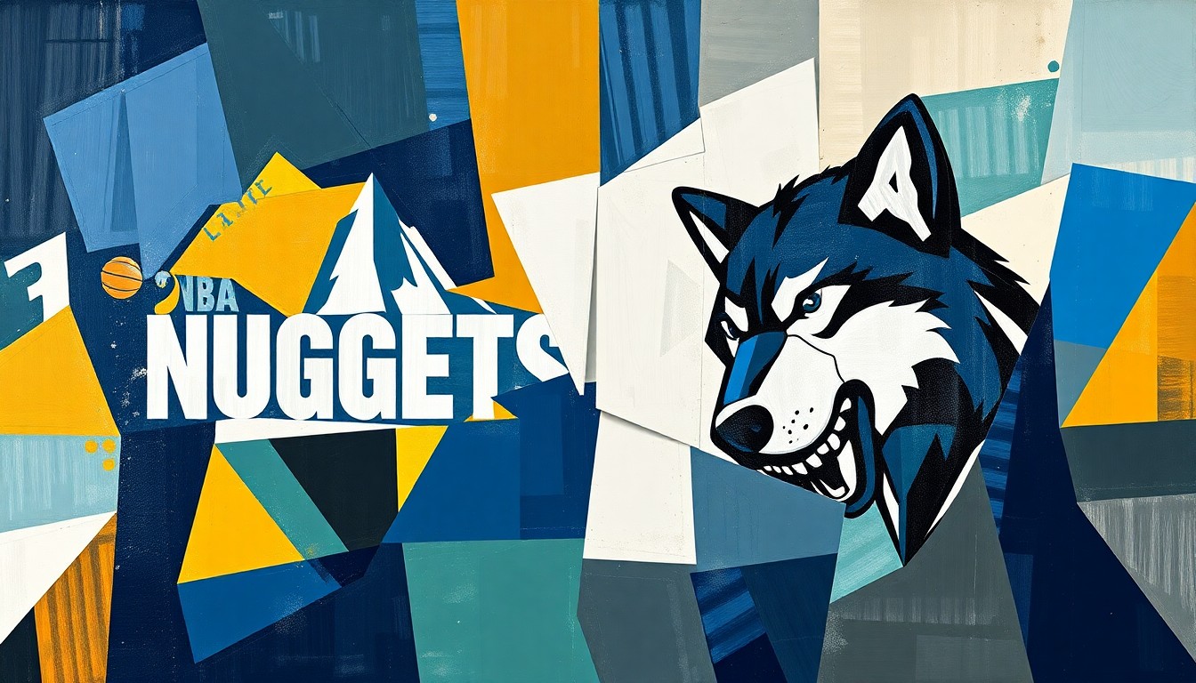 A cubist, geometric painting depicting the intense action of a Nuggets-Timberwolves playoff game, with overlapping shapes and planes in the teams' official colors representing the high-stakes competition on the court.