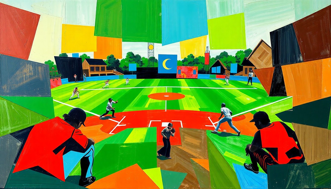 A fragmented, geometric painting in bold colors depicting the abstract shapes and movements of a softball game, without any identifiable players or details.