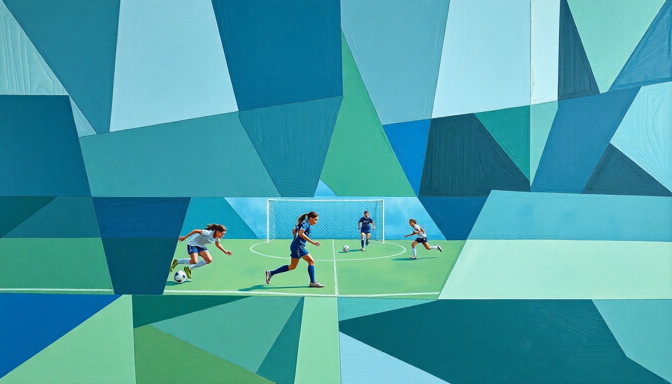 A cubist, geometric painting depicting a fragmented scene of a high school girls' soccer game, with overlapping planes of muted blue, green, and gray tones.