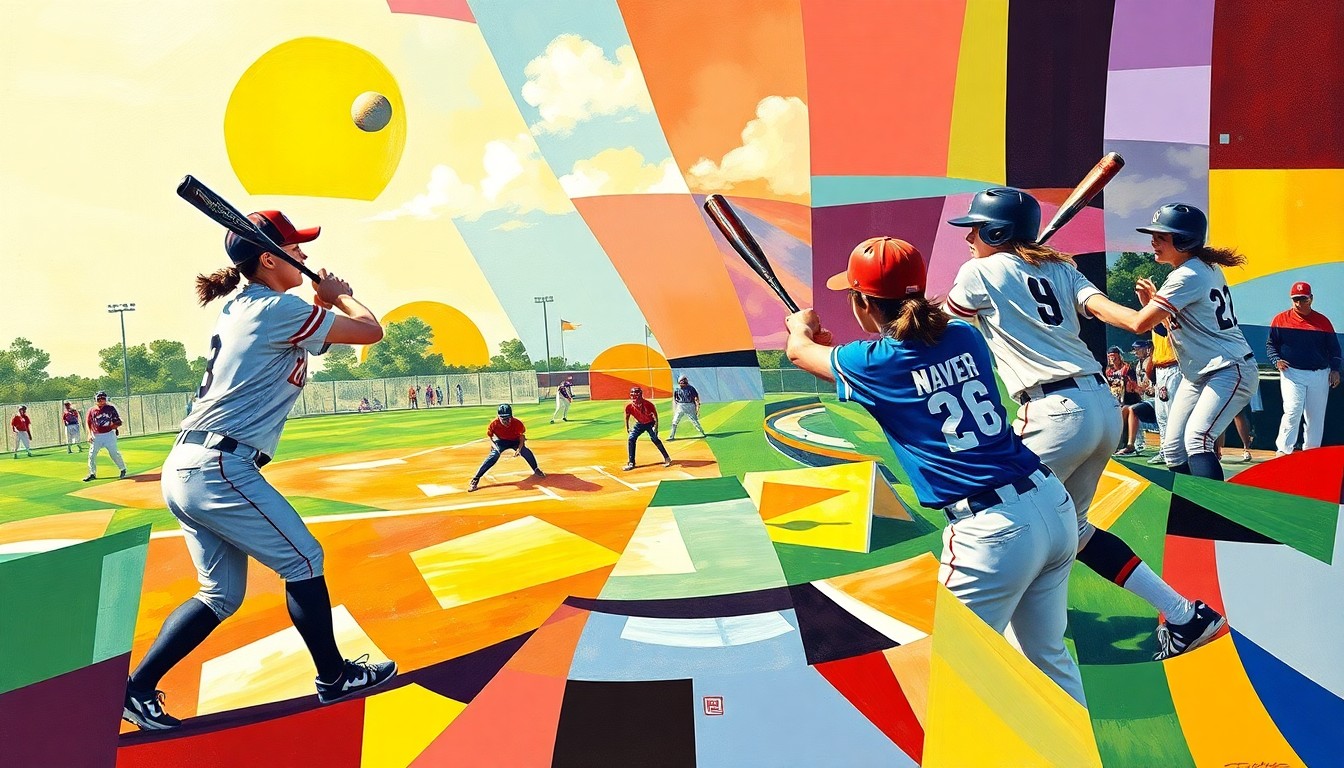 A cubist, geometric painting depicting the motion and energy of a high school softball game, with overlapping planes of players, bats, and a ball in flight, rendered in a vibrant color palette.