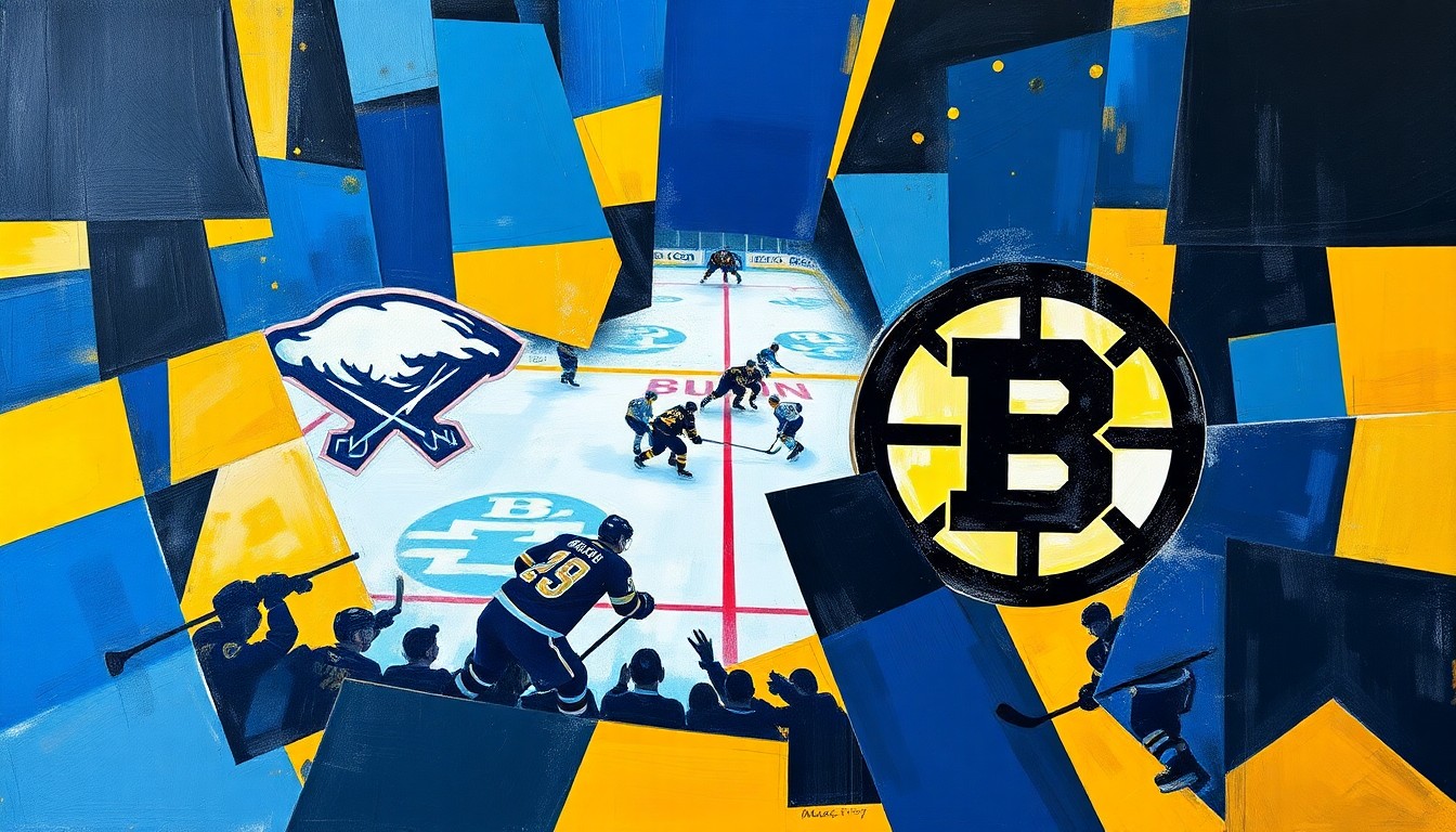 A cubist, geometric painting depicting a hockey game between the Buffalo Sabres and Boston Bruins, with sharp, overlapping planes of blue, gold, and black capturing the intensity of the playoff matchup.