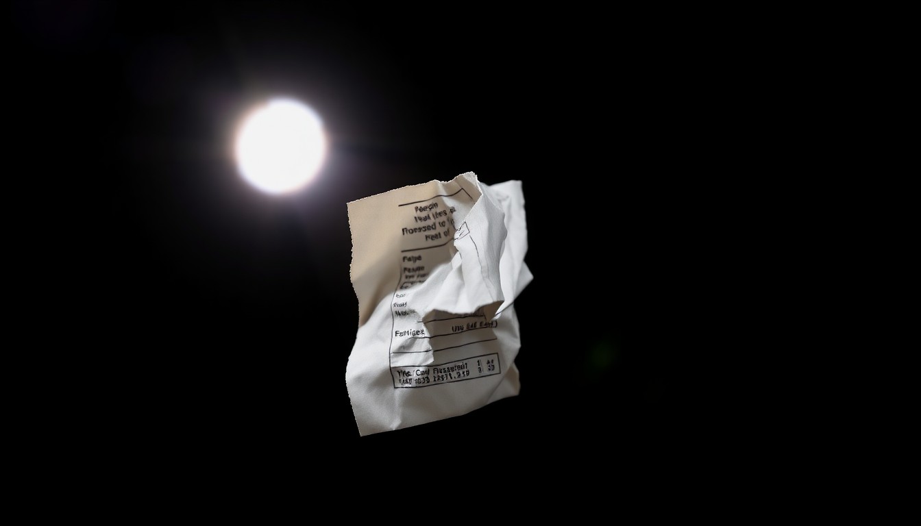 An extreme close-up of a crumpled, torn financial document reflecting a harsh, direct camera flash, conceptually representing evidence of fraud.