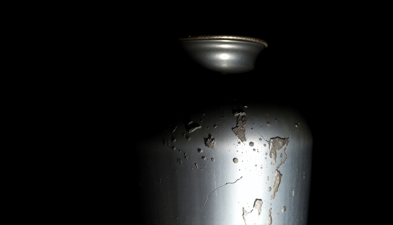 An extreme close-up of a charred, textured metal cremation urn, conceptually representing the lack of transparency and accountability in the pet crematory industry.