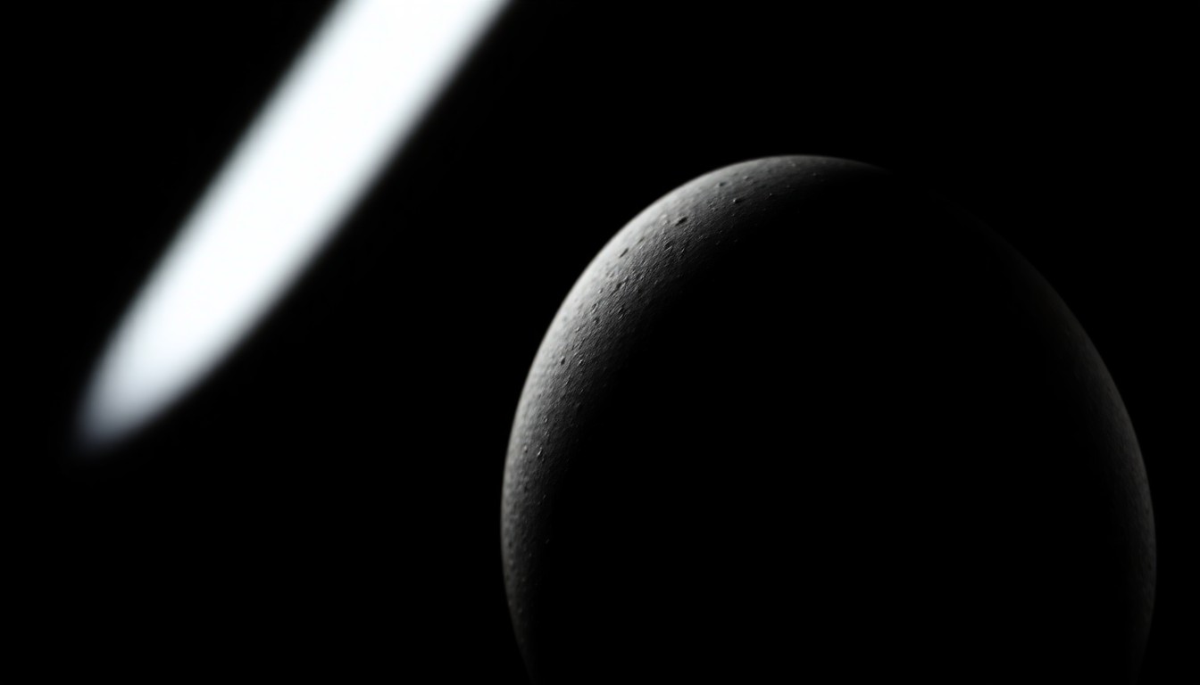 An extreme close-up photograph of a Canada goose egg against a pitch-black background, the textured shell and subtle sheen filling the frame under harsh, direct lighting, conveying a stark, gritty investigative mood.