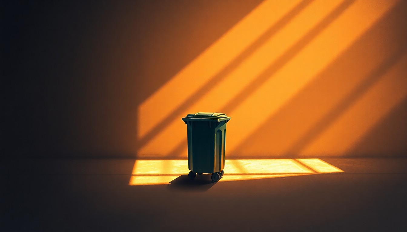 A close-up painting of an old, weathered trash can sitting alone on a sidewalk, its metal surface reflecting the warm glow of the afternoon sun. The scene has a quiet, contemplative mood, hinting at the civic responsibilities and public trust at the heart of this local government dispute.