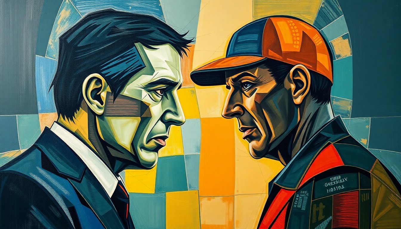 A fragmented, geometric painting depicting overlapping shapes and planes in muted tones, conceptually representing the nuanced issues surrounding a media scandal.