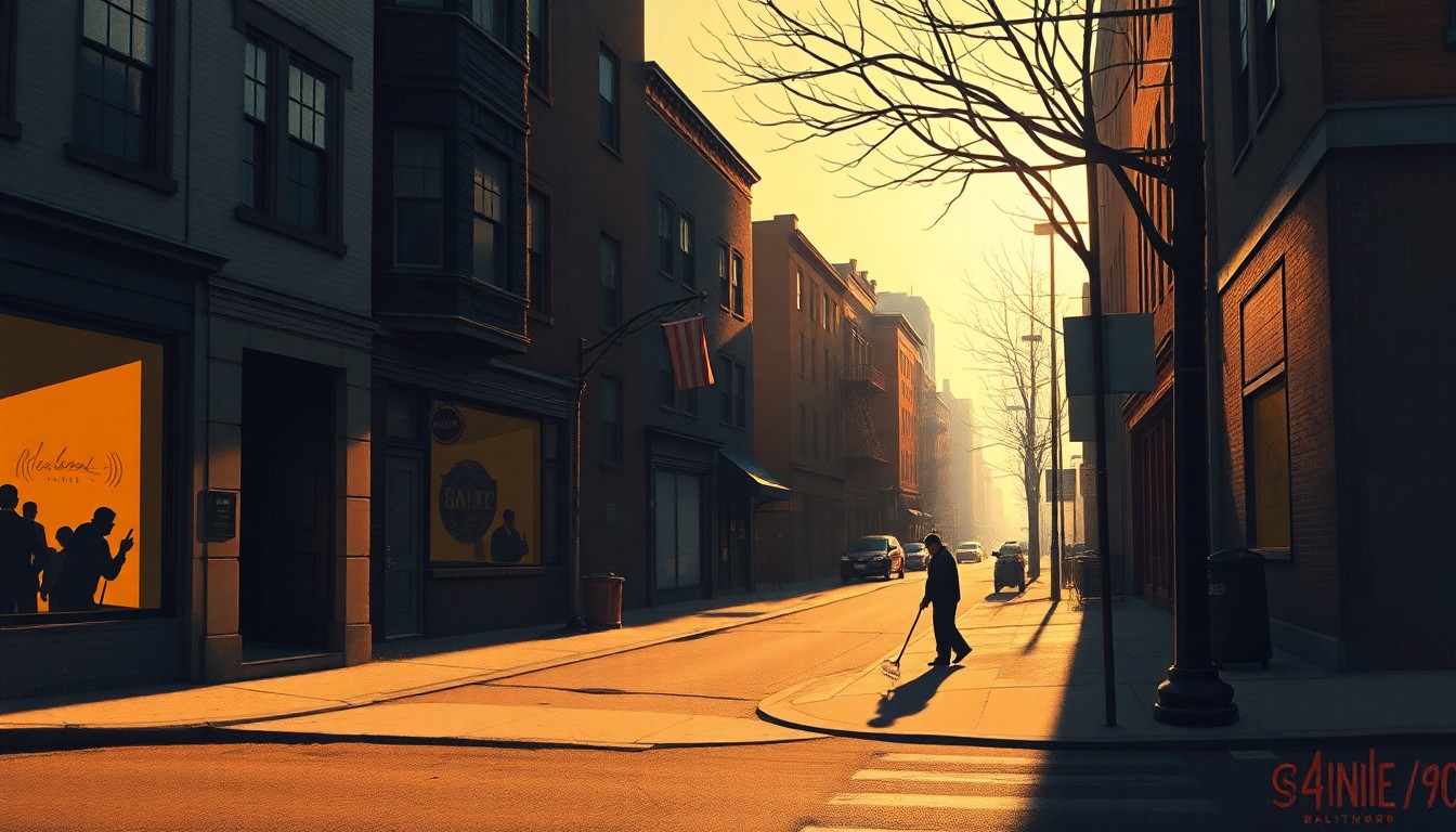 A realistic painting of a Baltimore street corner in warm, golden sunlight, with a lone city worker sweeping the sidewalk, conceptually representing the mayor's hands-on approach to community improvement.