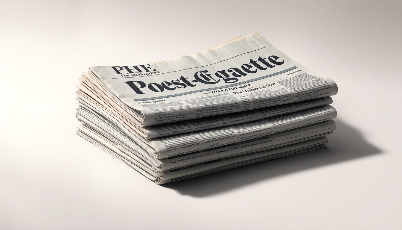 A high-end, photorealistic studio still-life photograph featuring a stack of old, worn newspapers with the Pittsburgh Post-Gazette masthead visible, resting on a clean, monochromatic background. The lighting is sharp and dramatic, with deep shadows, conceptually representing the preservation of local journalism.