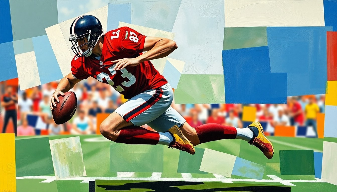 A fragmented, geometric painting depicting a football player in mid-motion, with sharp planes of color and overlapping shapes conveying the raw power and dynamism of the sport.