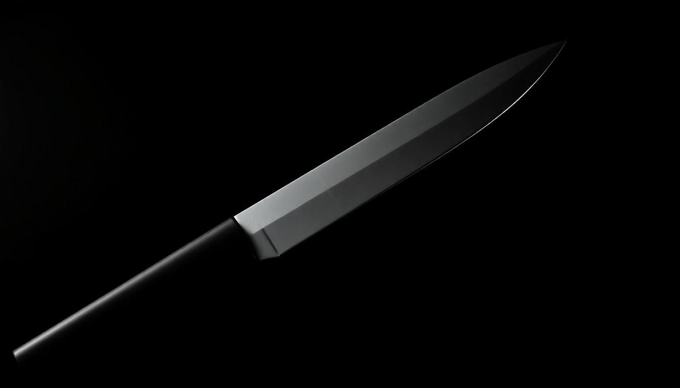An extreme close-up of a single knife blade against a pitch-black background, lit by a harsh, direct camera flash, conveying the stark, gritty nature of the violent incident.