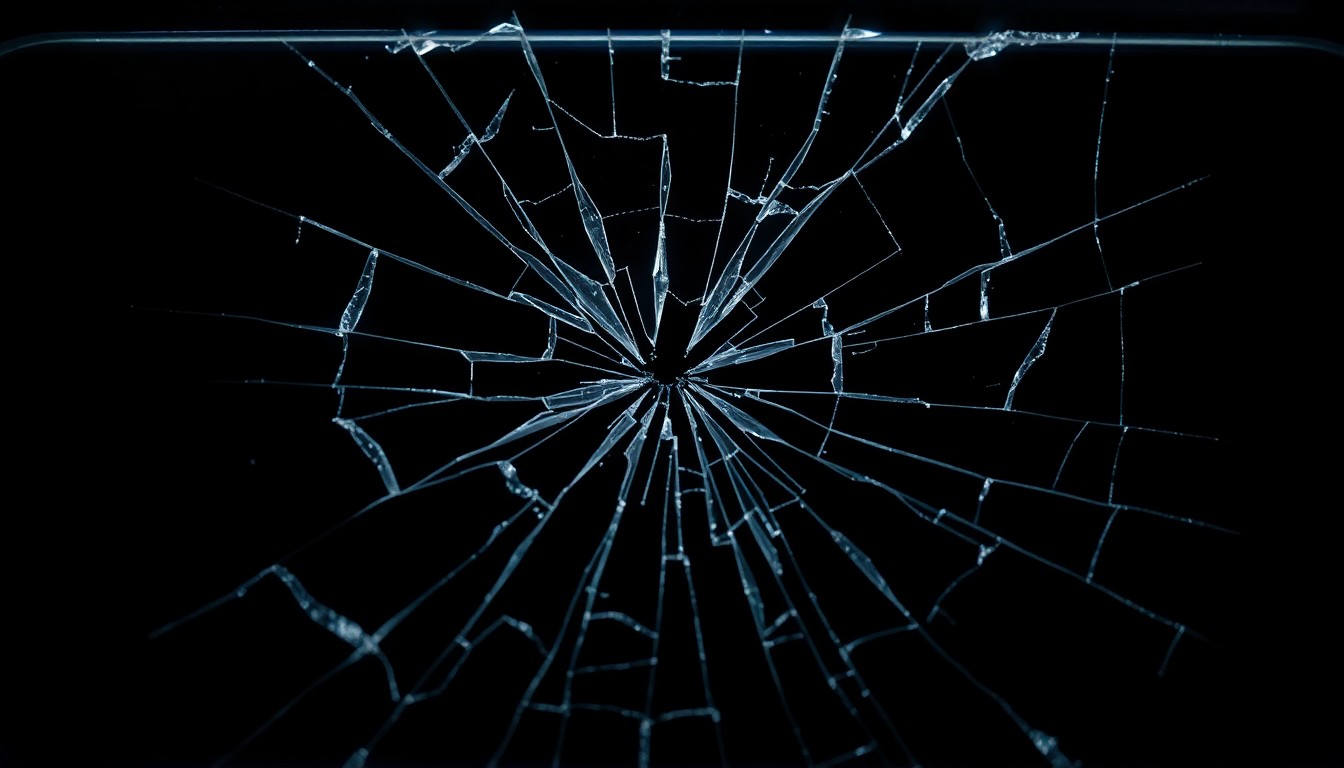 An extreme close-up photograph of a cracked smartphone screen, the shattered glass reflecting a faint light, conceptually illustrating the aftermath of a confrontation.