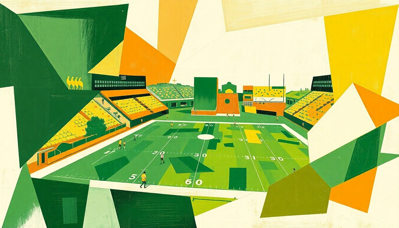 A cubist-style painting featuring fragmented geometric shapes and planes of green, gold, and white, conceptually representing the strategic elements of a high school football game.