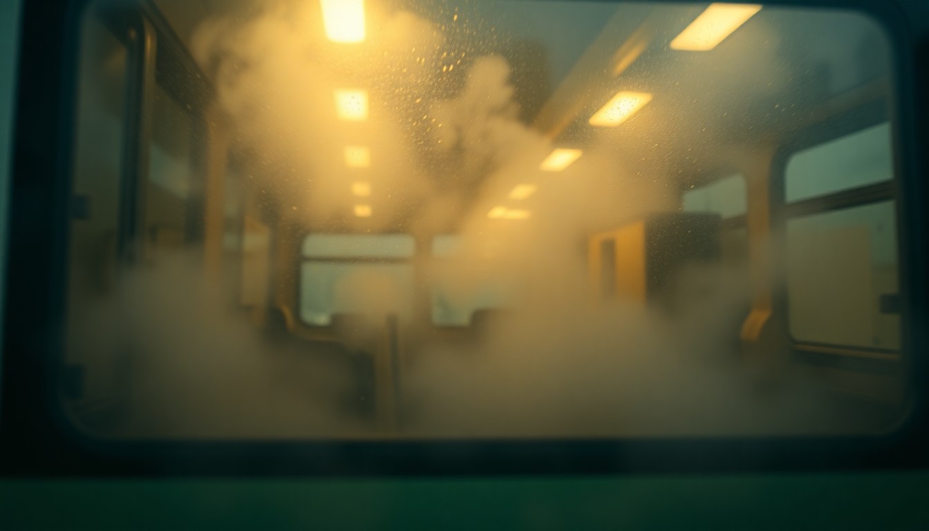 An extremely abstracted, out-of-focus photograph of a bus with steam and condensation on the windows, conveying a warm, welcoming interior providing essential hygiene services to those in need.