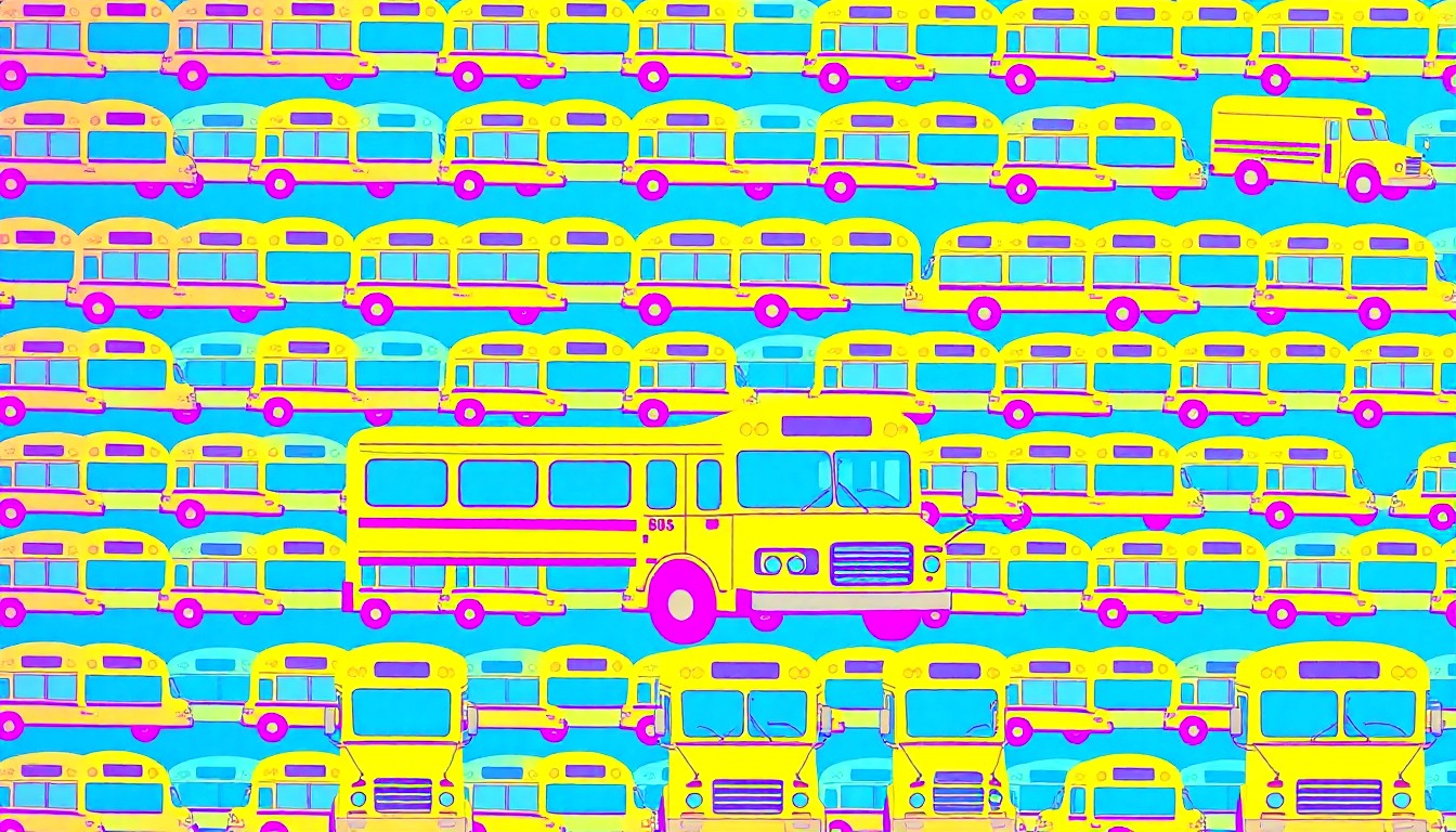 A bold, abstract illustration of a school bus icon repeated in a grid, using bright neon colors to conceptually represent the schedule changes in the Clarkston School District.