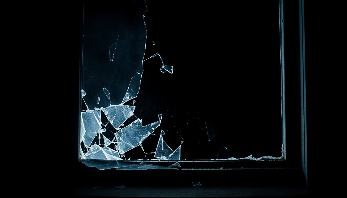 An extreme close-up photograph of a broken window frame, shattered glass, and damaged window sill, captured with a harsh, direct camera flash against a pitch-black background, conceptually representing the challenges faced by an elderly homeowner dealing with a problematic tenant.