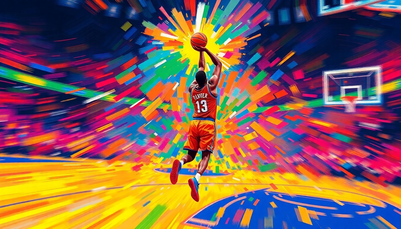An abstract expressionist painting in vibrant neon colors, with rapid brushstrokes capturing the explosive energy and dramatic tension of a basketball player's shot in the final seconds of a game.