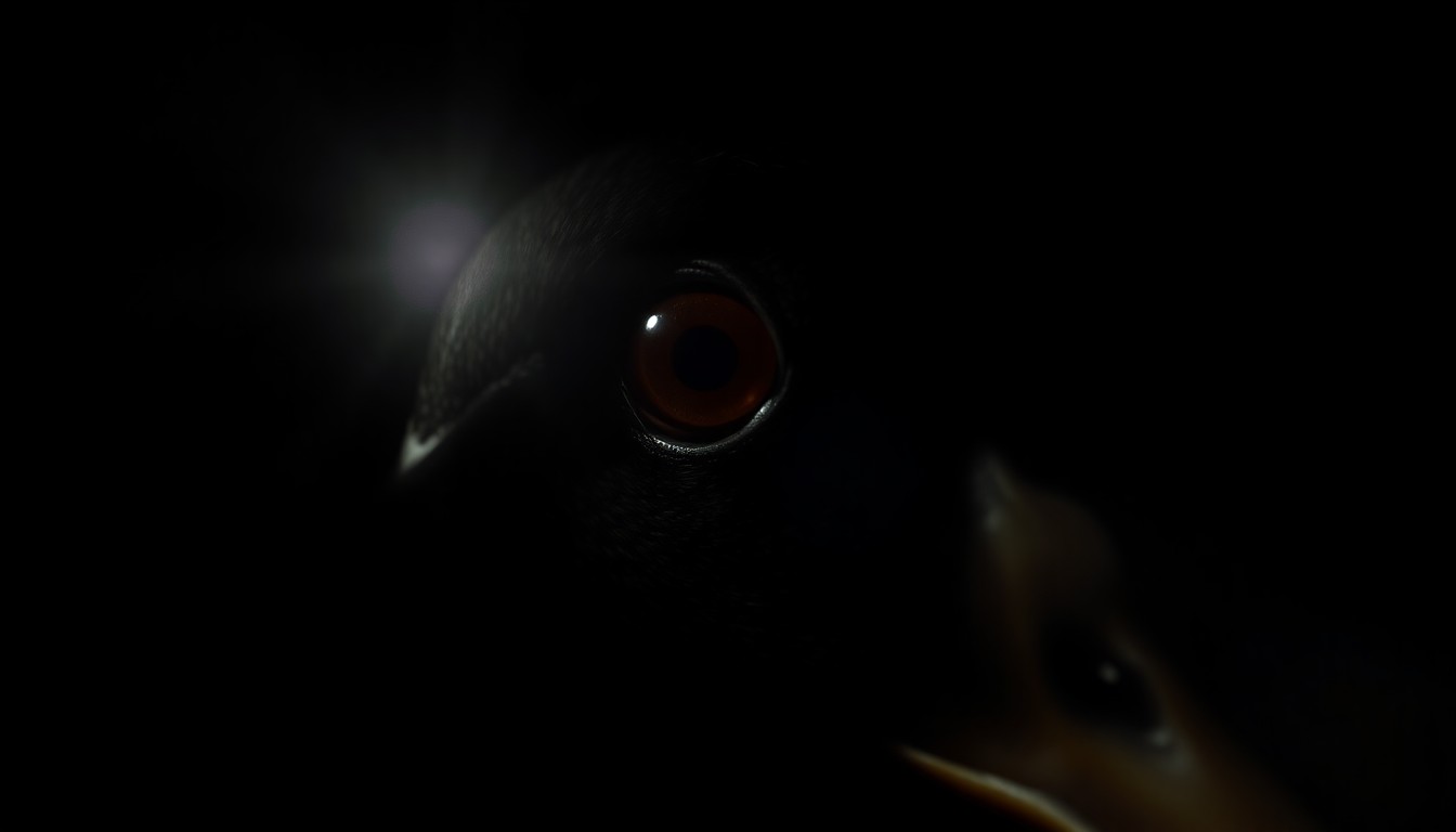 An extreme close-up photograph of a single duck's eye, lit by a harsh, direct camera flash against a pitch-black background, creating a stark, gritty, investigative aesthetic that conceptually illustrates the poor conditions found at an illegal animal sanctuary.