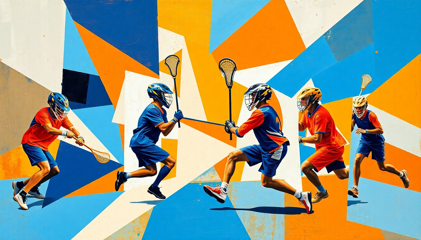 A cubist, geometric painting depicting a lacrosse game, with the players' figures abstracted into angular, intersecting shapes in vibrant shades of orange, blue, and white, capturing the dynamic energy of the sport.