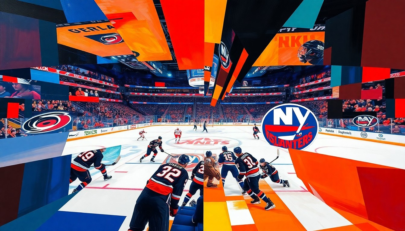 A fractured, multi-perspective painting featuring sharp, overlapping geometric planes in vibrant colors that abstractly capture the raw energy and movement of a hockey game.