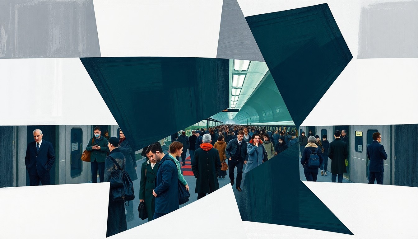 A cubist, geometric painting depicting a fragmented, multi-angled view of a crowded train platform, with sharp planes of steel grey, navy blue, and forest green colors conveying the complex logistical challenges of World Cup transportation.