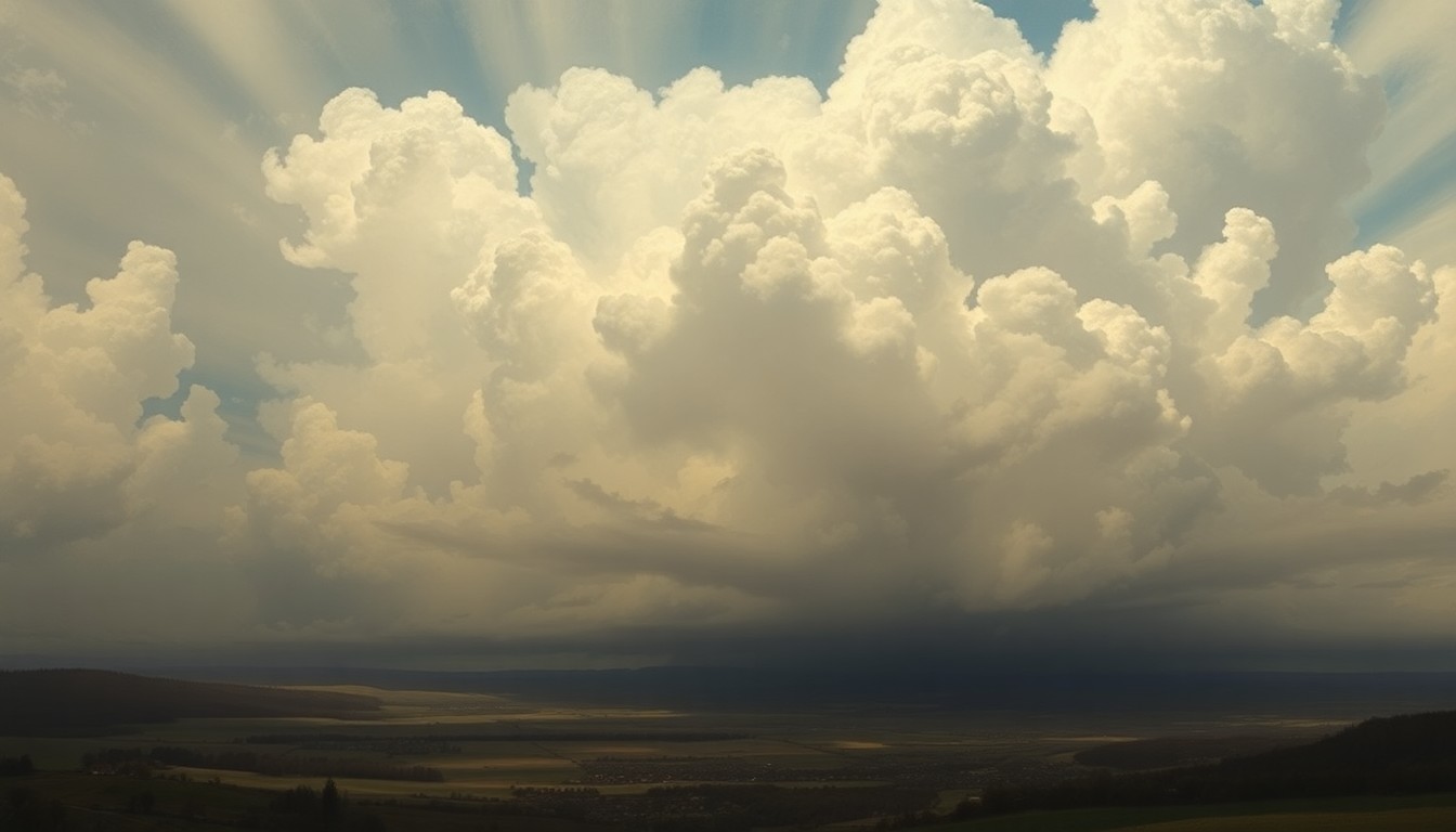 A sweeping, atmospheric landscape painting in muted tones of gray, blue, and green, depicting a vast, turbulent sky filled with billowing storm clouds looming over a rural countryside, conveying the overwhelming scale and sublime beauty of an approaching weather system.